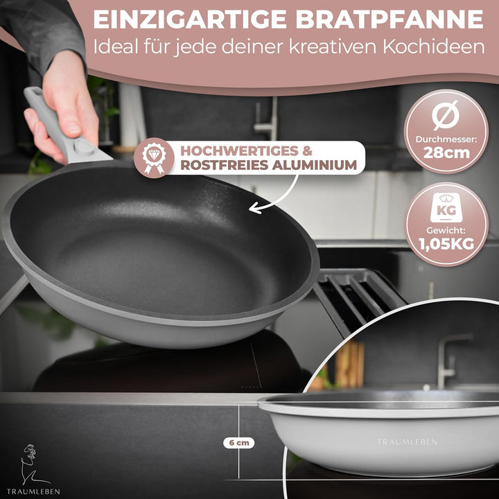 TRAUMLEBEN NEU Bratpfanne 28 cm mit abnehmbarem Griff, Antihaftbeschichtung, PFOA frei, für Induktio