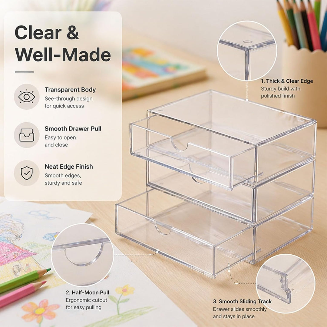 Schubladen Organizer Transparent, 3 Fächer Aufbewahrungsbox Stapelbar, Acryl Optik Schreibtisch Orga