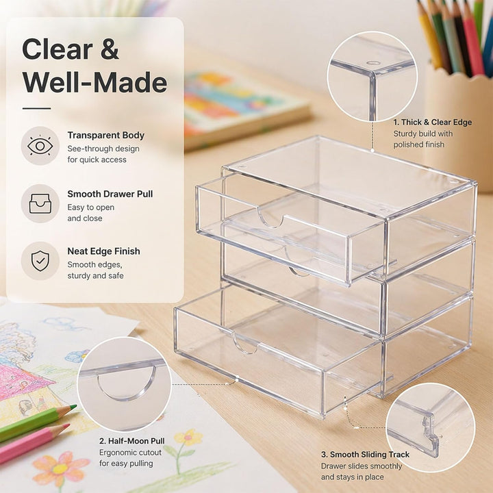 Schubladen Organizer Transparent, 3 Fächer Aufbewahrungsbox Stapelbar, Acryl Optik Schreibtisch Orga