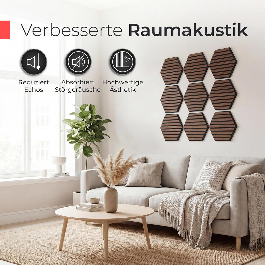 Akustikpaneele Holz selbstklebend – 9er-Set | Echtholz Walnuss & Akustikfilz Schwarz | Hexagon 30x26