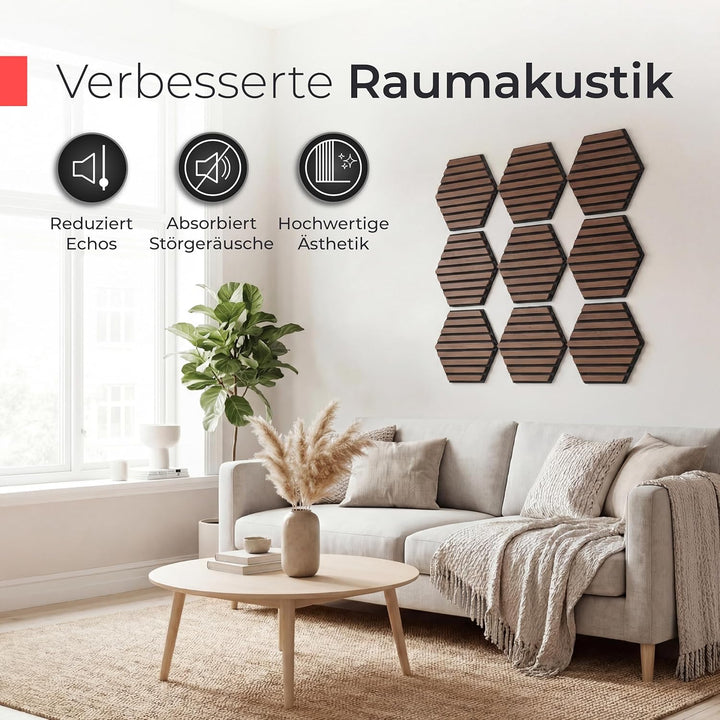Akustikpaneele Holz selbstklebend – 9er-Set | Echtholz Walnuss & Akustikfilz Schwarz | Hexagon 30x26