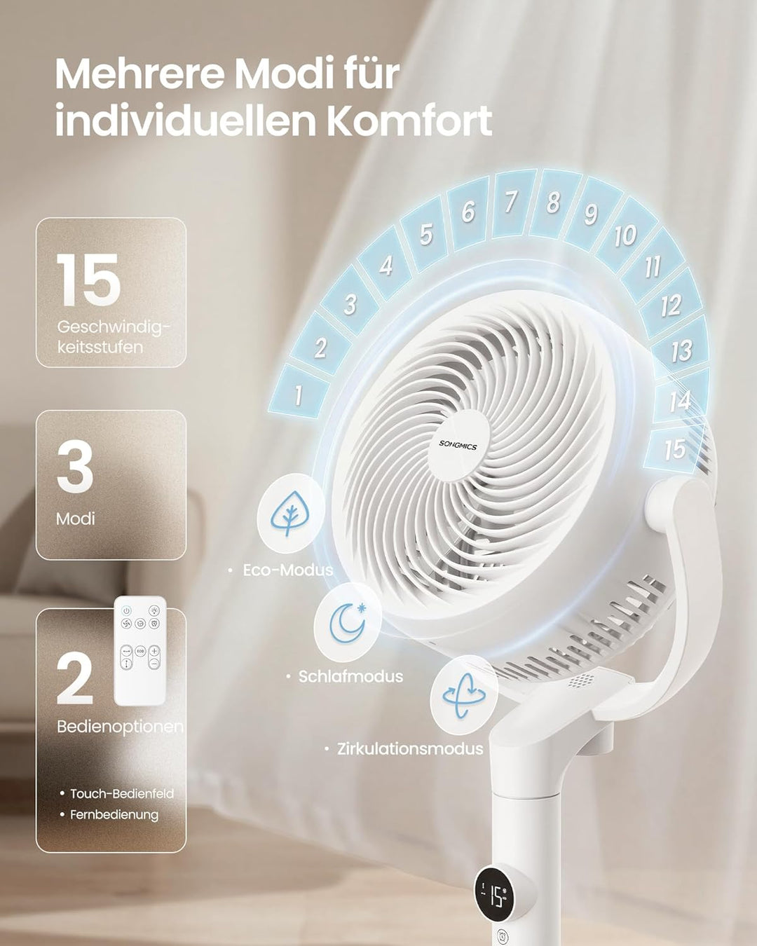 SONGMICS Standventilator, Ventilator leise 20 dB mit Fernbedienung, Luftzirkulator 120° und 135° Osz