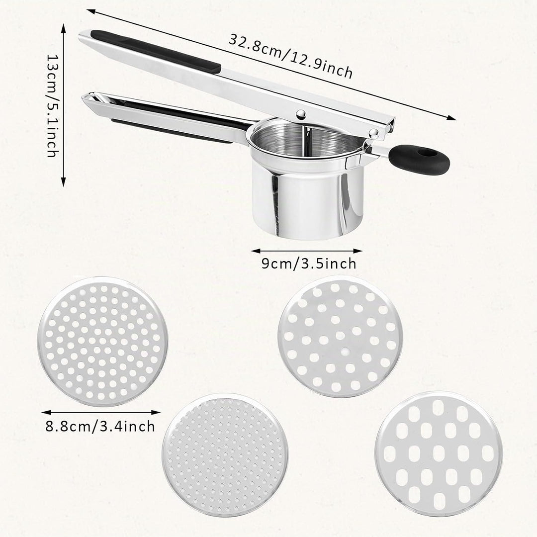 Edelstahl Kartoffelpresse mit 4 Einsätzen – Robuste &amp; Ergonomische Kartoffelpresse – Leicht zu Reini