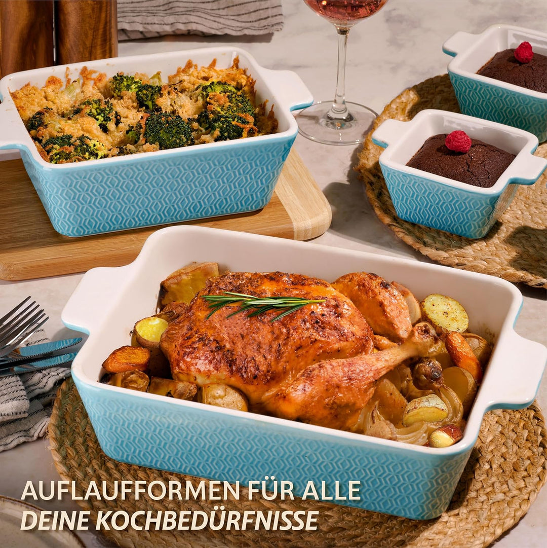 Auflaufform aus Keramik für 2 Personen - Für Lasagne, Tiramisu & Auflauf - Extra Hoher Rand - Eckig