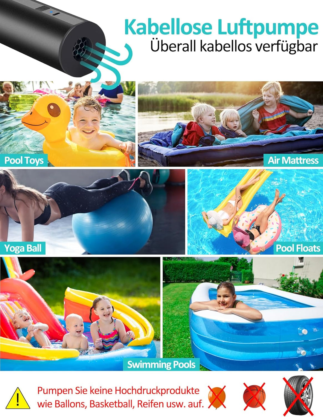 Kabellose Elektrische Luftpumpe mit 2×2000mAh Wiederaufladbarem Akku für Pool, Schlauchboot & Luftma