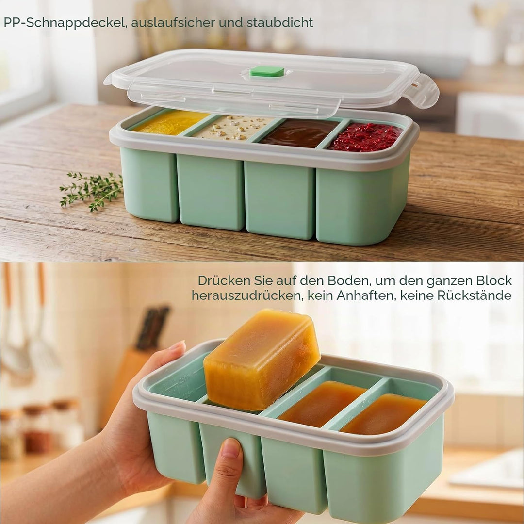 2 Stück Suppen Einfrieren Behälter, 4 Fach Silikon Gefrierform mit Deckel &amp; Clipverschluss, Eiswürfe
