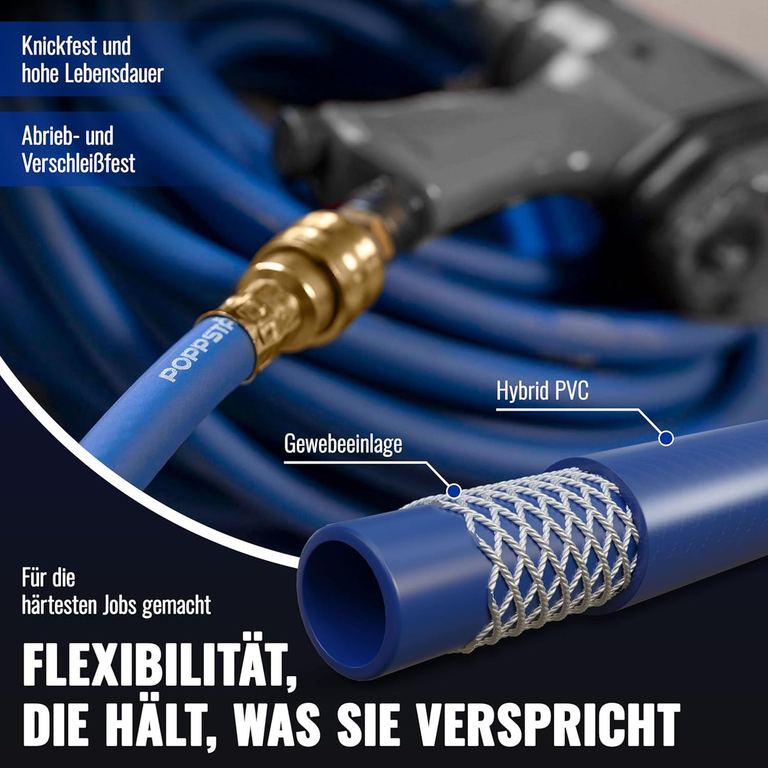 Poppstar Druckluftschlauch 30 m (Hybrid PVC mit Gewebe, Innendurchmesser 9,2mm mit Messing-Schnellku