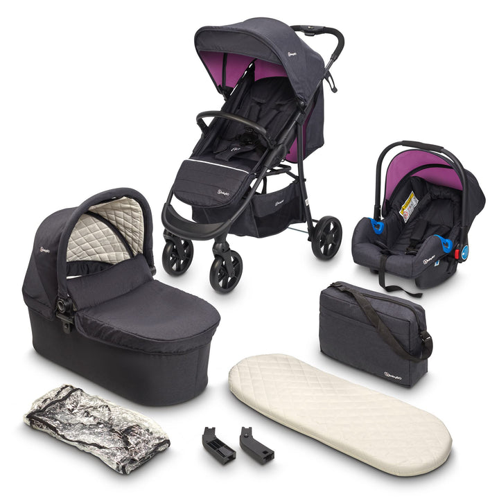 BABYGO Kinderwagen 3 in 1 Styles - Sportaufsatz und Wanne jeweils separat und Auto-Babyschale - Wick