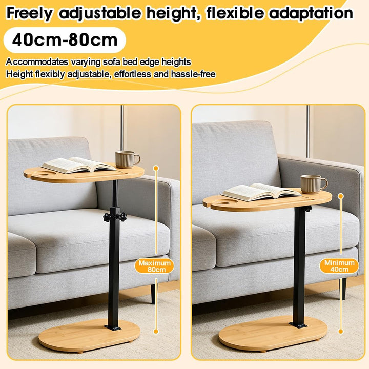 Beistelltisch C Form Höhenverstellbar 40-80cm Kleiner Couchtisch 360°Rotierend Bambus Mobiler Kaffee