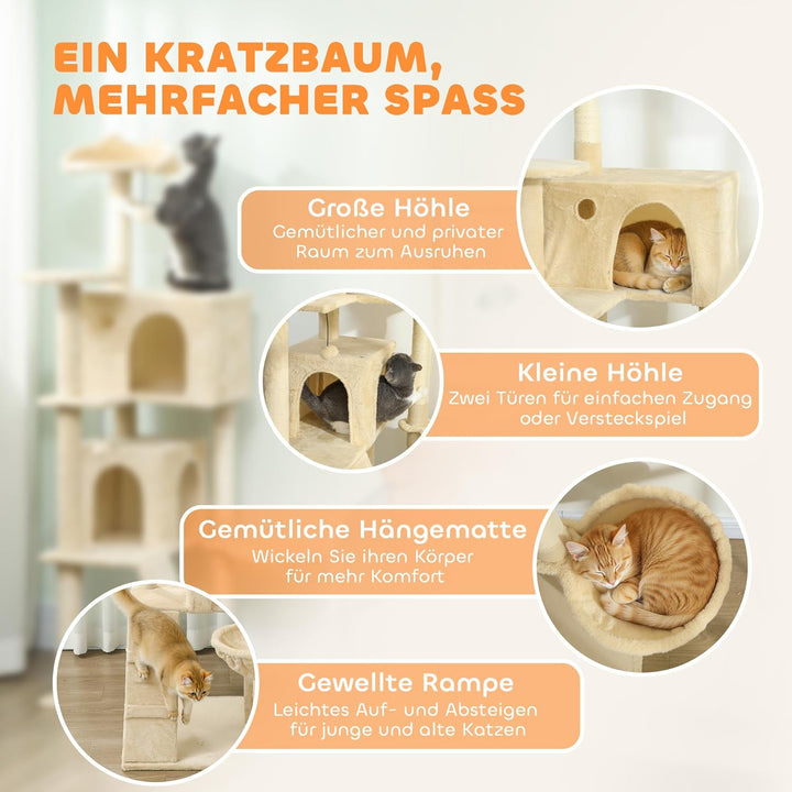 PawHut Kratzbaum, 160 cm hoch Katzenbaum mit 2 Höhlen, Korb, Hängematte, 2 Bällen, Katzenbett mit Ka