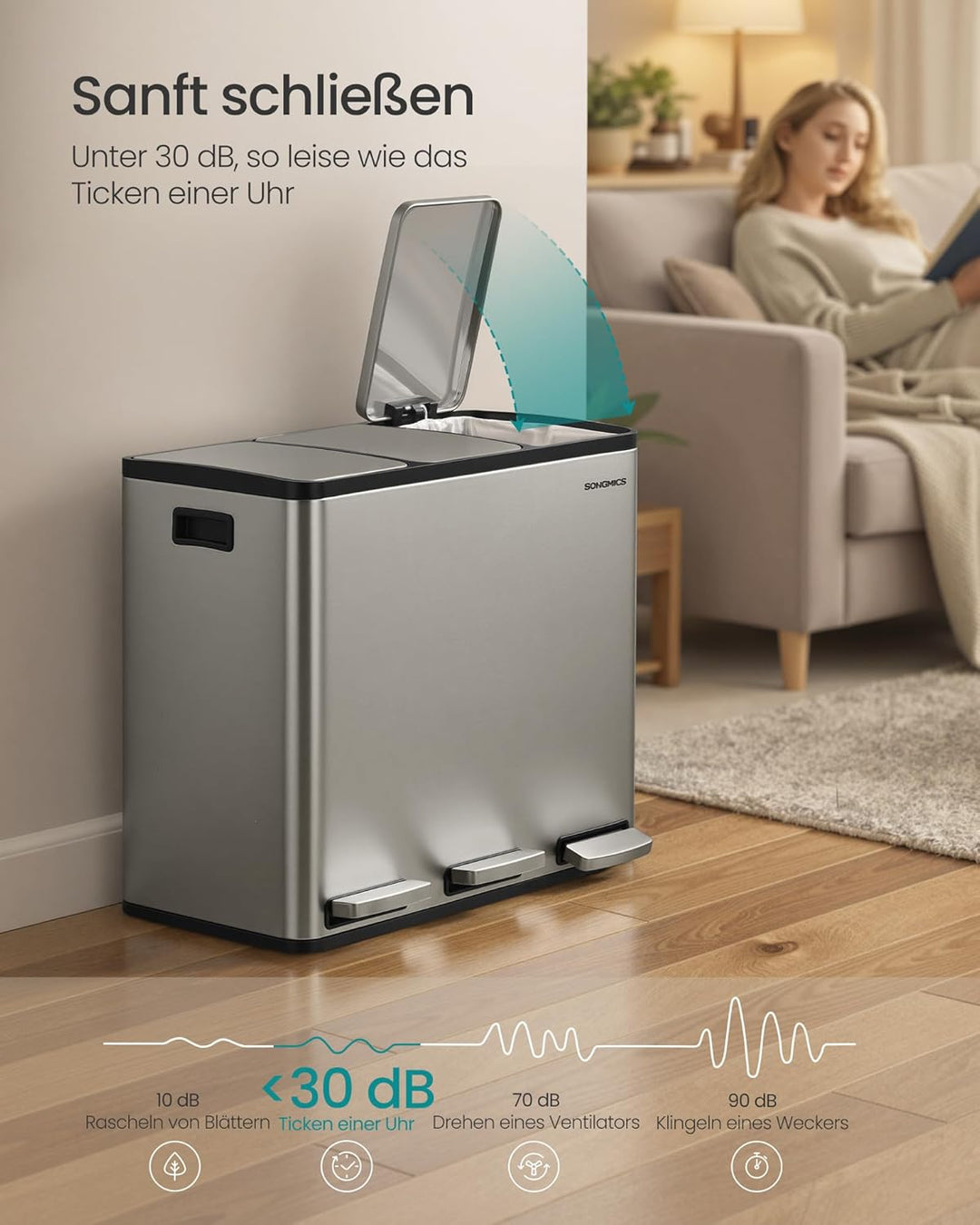 SONGMICS Mülleimer Küche, 3 x 18 L, Mülltrennsystem 3 Fächer, Abfalleimer mit 15 Müllbeuteln, Tretmü