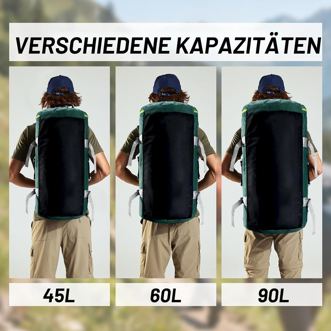 MIER Grosse Sporttasche wasserdicht Sportrucksack mit Schuhfach umwandelbar in Rucksack, 45L/60L/90L