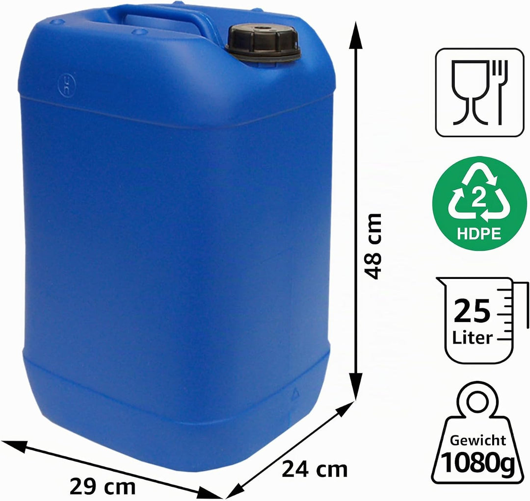 plasteo 25 Liter Getränke Wasserkanister mit 1 Hahn und Schraubdeckeln (DIN 61), Blau 3x 25L, 3x 25L