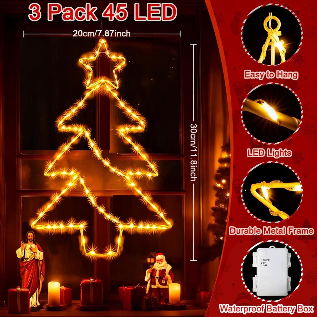 yowin Weihnachtsdeko Fenster 3 Stück 45 LED Weihnachtsbeleuchtung Batterie mit Timer, Fensterdeko We