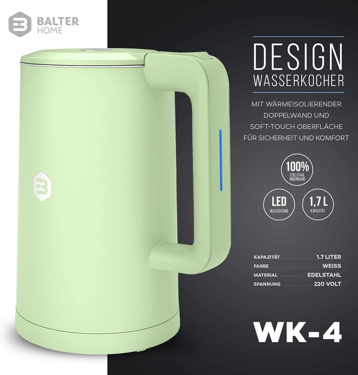 Balter Wasserkocher Edelstahl WK-4, 1,7 Liter, elektrischer Wasserkocher, Doppelwand Design, BPA fre