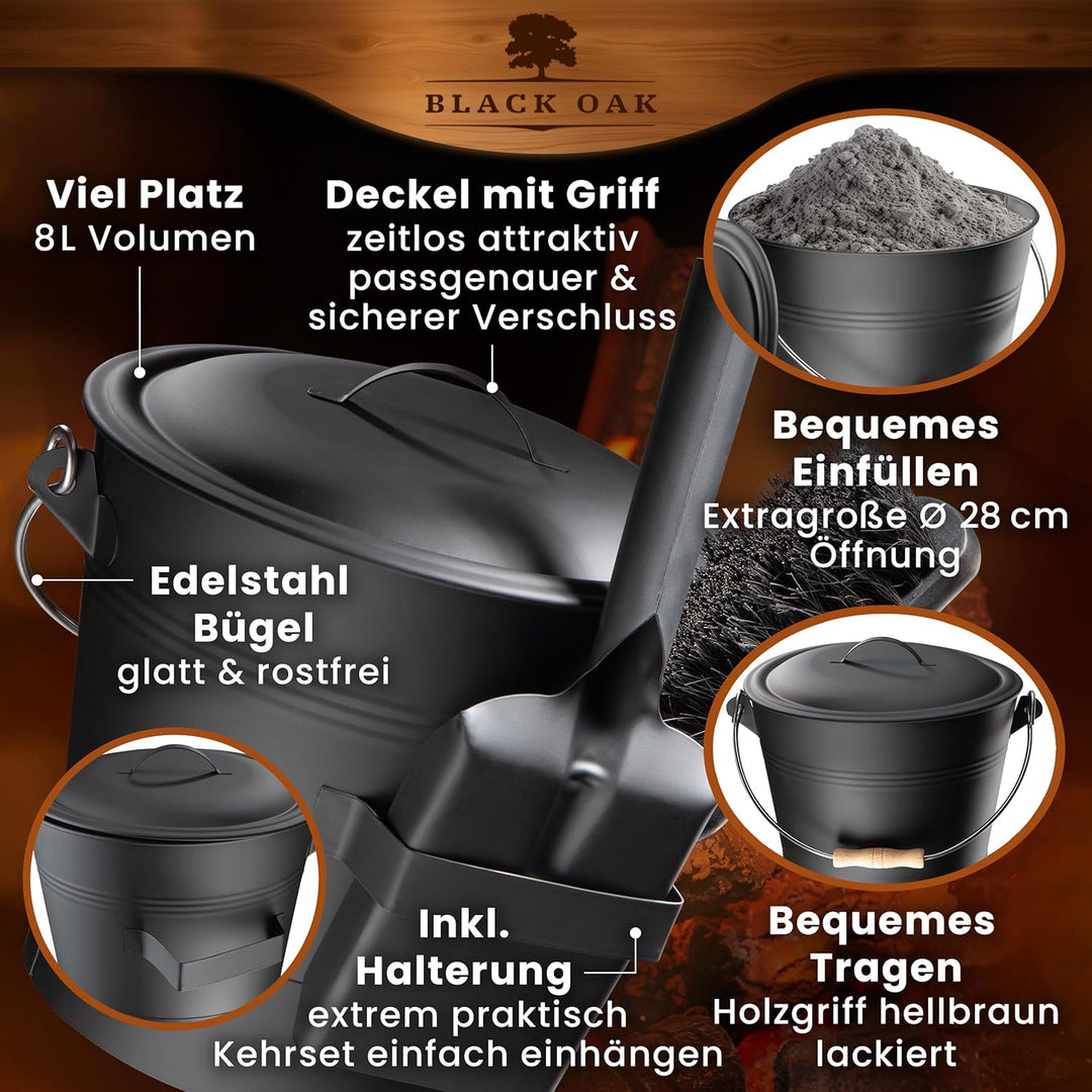 BLACK OAK Ascheeimer LANIN 8L - Asche-Eimer schwarz mit Deckel & Holz-Griff HELL + Feger + Schaufel
