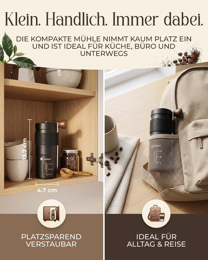 Kaffeemühle Manuell mit Keramikmahlwerk | Kompakte Handkaffeemühle mit stufenloser-Mahlgradeinstellu
