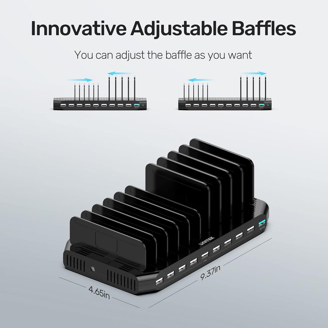 Unitek 60W USB Ladestation 10 Ports, Tablet Multi Ladestation mit QC3.0 und Einstellbaren Teiler für