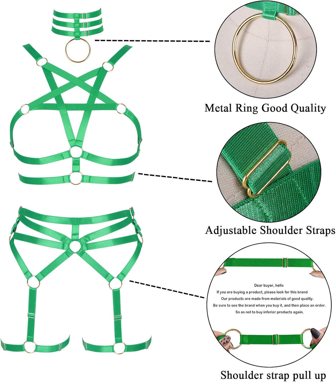BBOHSS Damen Body Harness Pentagramm BH Set Punk Strumpfband Bein Taille Tanz Elastic Gothic Carniva