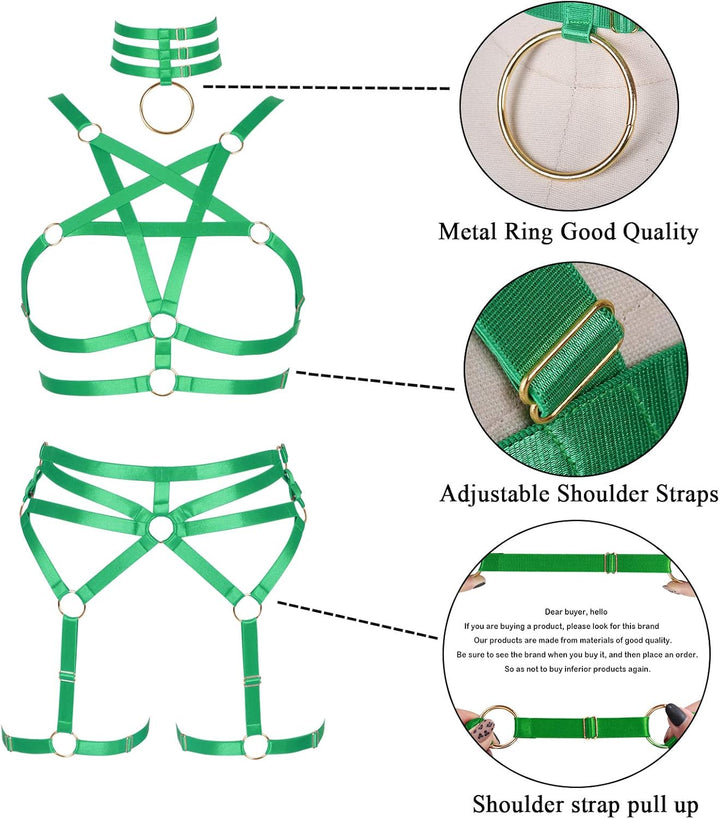 BBOHSS Damen Body Harness Pentagramm BH Set Punk Strumpfband Bein Taille Tanz Elastic Gothic Carniva