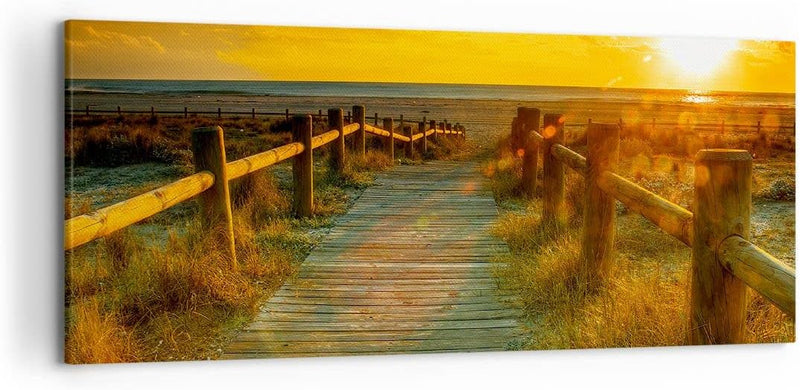 Wandbilder Dekoration Wohnzimmer Fussgängerbrücke Strand Urlaub Sonne Bilder auf Leinwand 120x50cm L