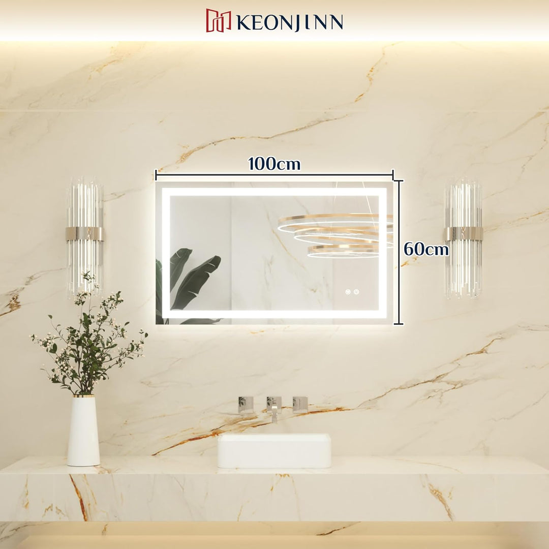 Keonjinn Badspiegel mit Beleuchtung 100x60cm, Badezimmerspiegel Beleuchtet Beschlagfrei Led Bad Spie