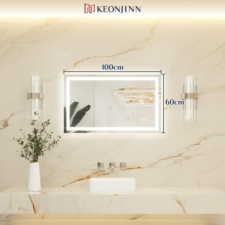 Keonjinn Badspiegel mit Beleuchtung 100x60cm, Badezimmerspiegel Beleuchtet Beschlagfrei Led Bad Spie