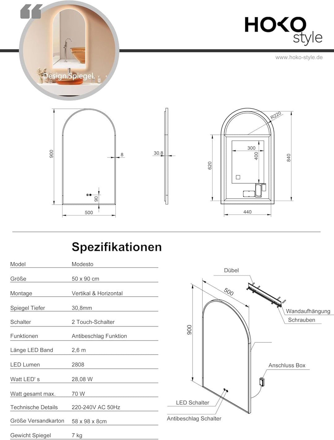 HOKO LED Bogenspiegel Beschlagfrei 50x90 cm / 90x50 cm Modesto mit Weisser Metallrahmen, HOCH+QUER M