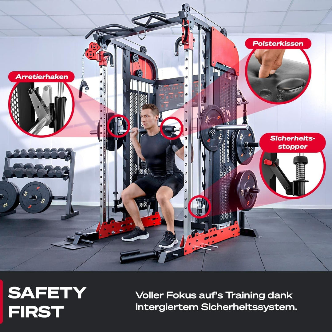 Sportstech SXM200 Smith Machine für Zuhause, Power Rack mit Kabelzug, Klimmzug, Langhantelstange, Be