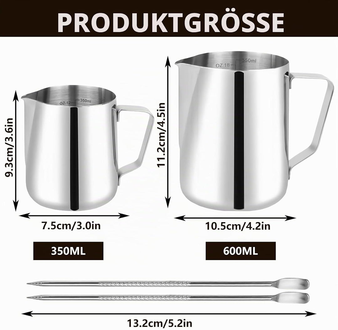 Milchkännchen Edelstahl, 2 Stück Milchschaumkännchen 350ml und 600ml, Milchkanne Edelstahl, Silber M