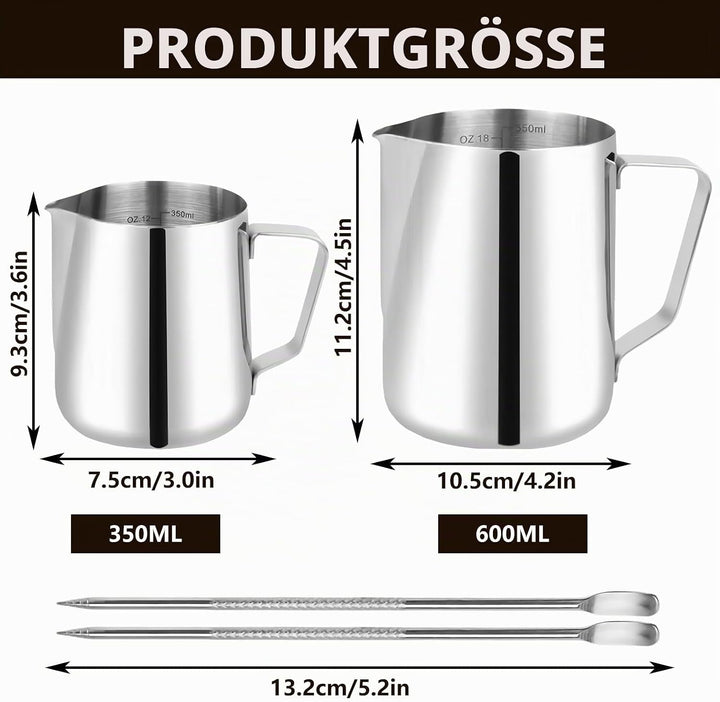 Milchkännchen Edelstahl, 2 Stück Milchschaumkännchen 350ml und 600ml, Milchkanne Edelstahl, Silber M