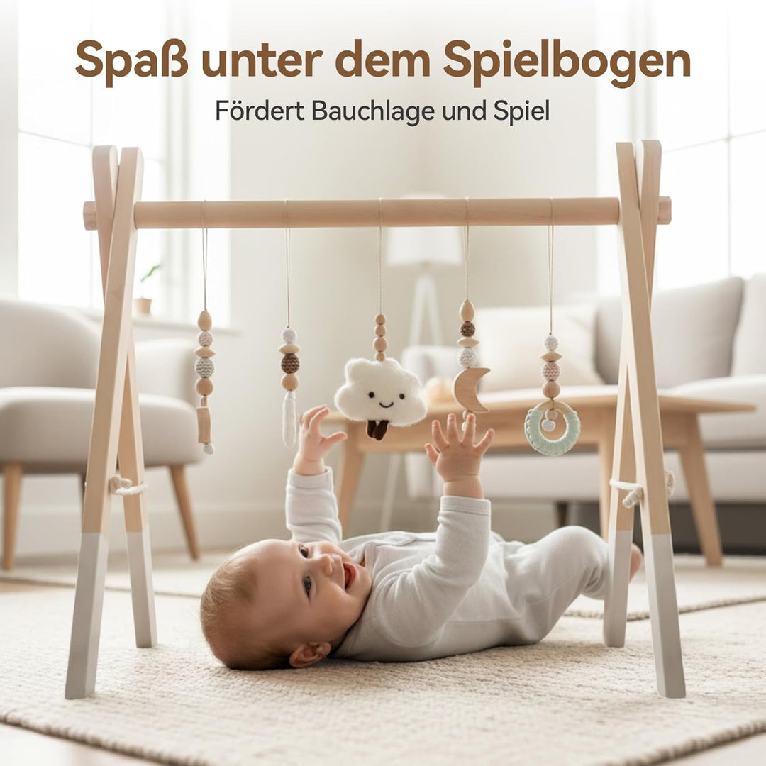 Holz Baby Spielbogen - Natürliches Holz Activity Archmit 5 abnehmbaren Sensorik Spielzeugen zum Grei