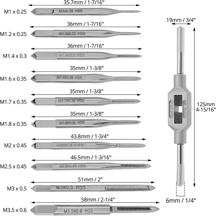 QWORK® 11 Stück Gewindebohrer-Bit-Set – HSS-Gewindebohrer M1–M3,5 mit verstellbarem Windeisen – Prof