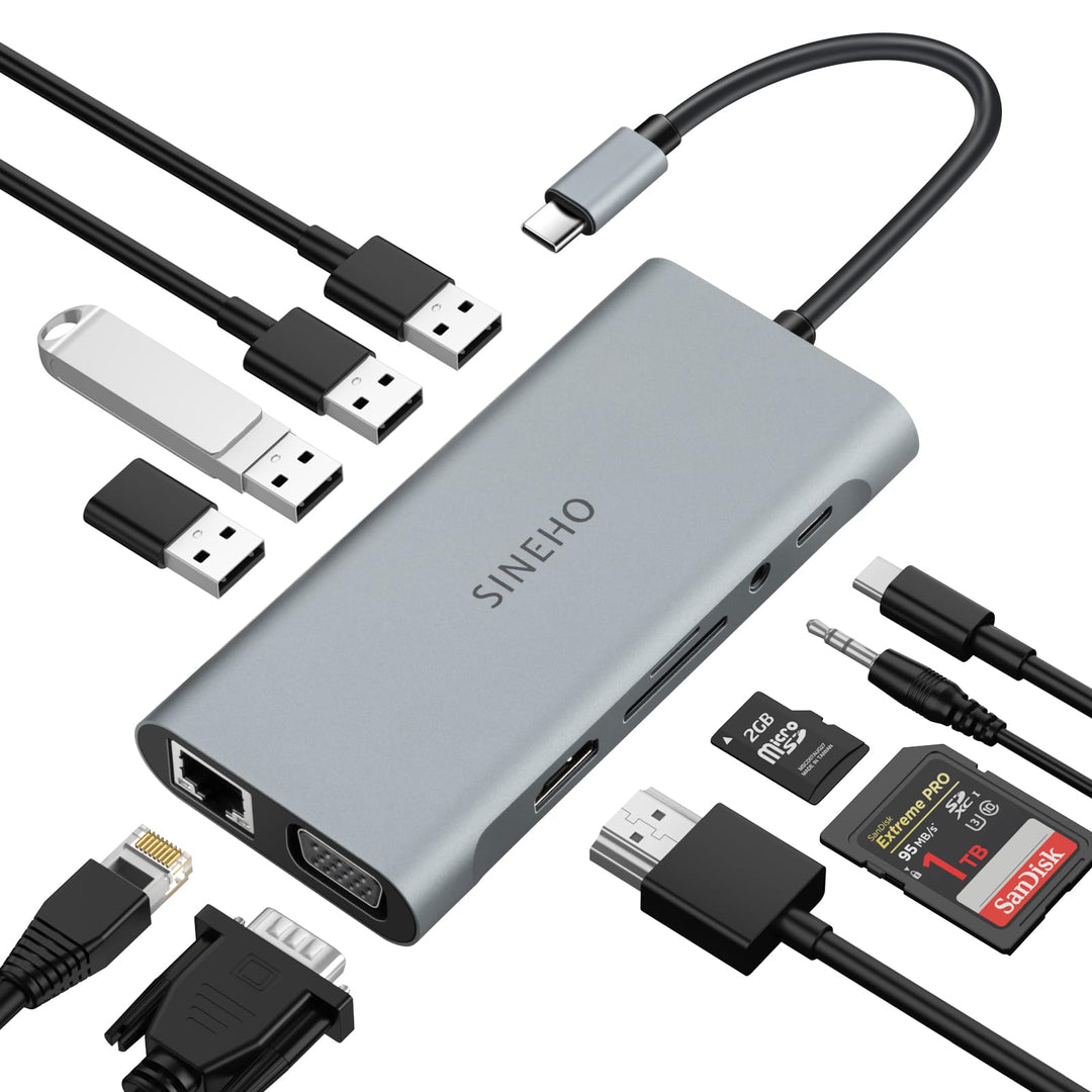 Docking Station USB C HUB, 11 in 1 USB C Adapter mit 4K HDMI, VGA, Ethernet, 4 USB Ports, SD/TF, 100
