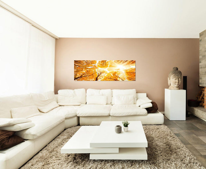 Paul Sinus Art Panoramabild auf Leinwand und Keilrahmen 150x50cm Wald Baumkronen Himmel Sonnenlicht
