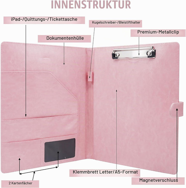 GraduatePro Schreibmappe A4 Klemmbrett Mappe mit Magnetischer Verschluss, organizer büro mappe, Rosa