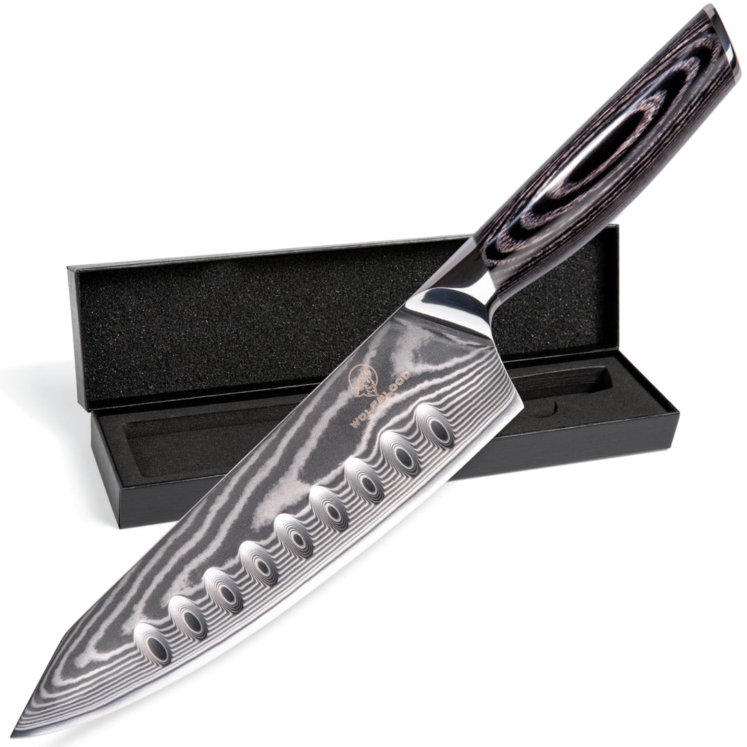 Wolfblood PRO Damastmesser Damast Küchenmesser XL(33cm) TÜV geprüfter 62 HRC Damaststahl aus 67 Lage