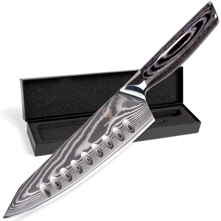Wolfblood PRO Damastmesser Damast Küchenmesser XL(33cm) TÜV geprüfter 62 HRC Damaststahl aus 67 Lage