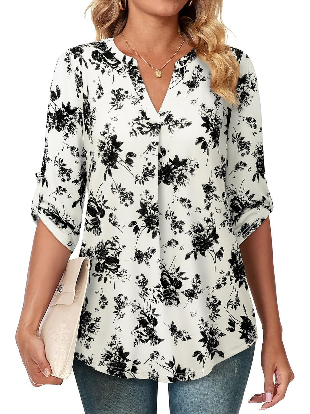 Siddhe Damen V-Ausschnitt Bluse 3/4 Ärmel Oberteile Tunika Tops Locker Longshirt Lässige T-Shirt Lan