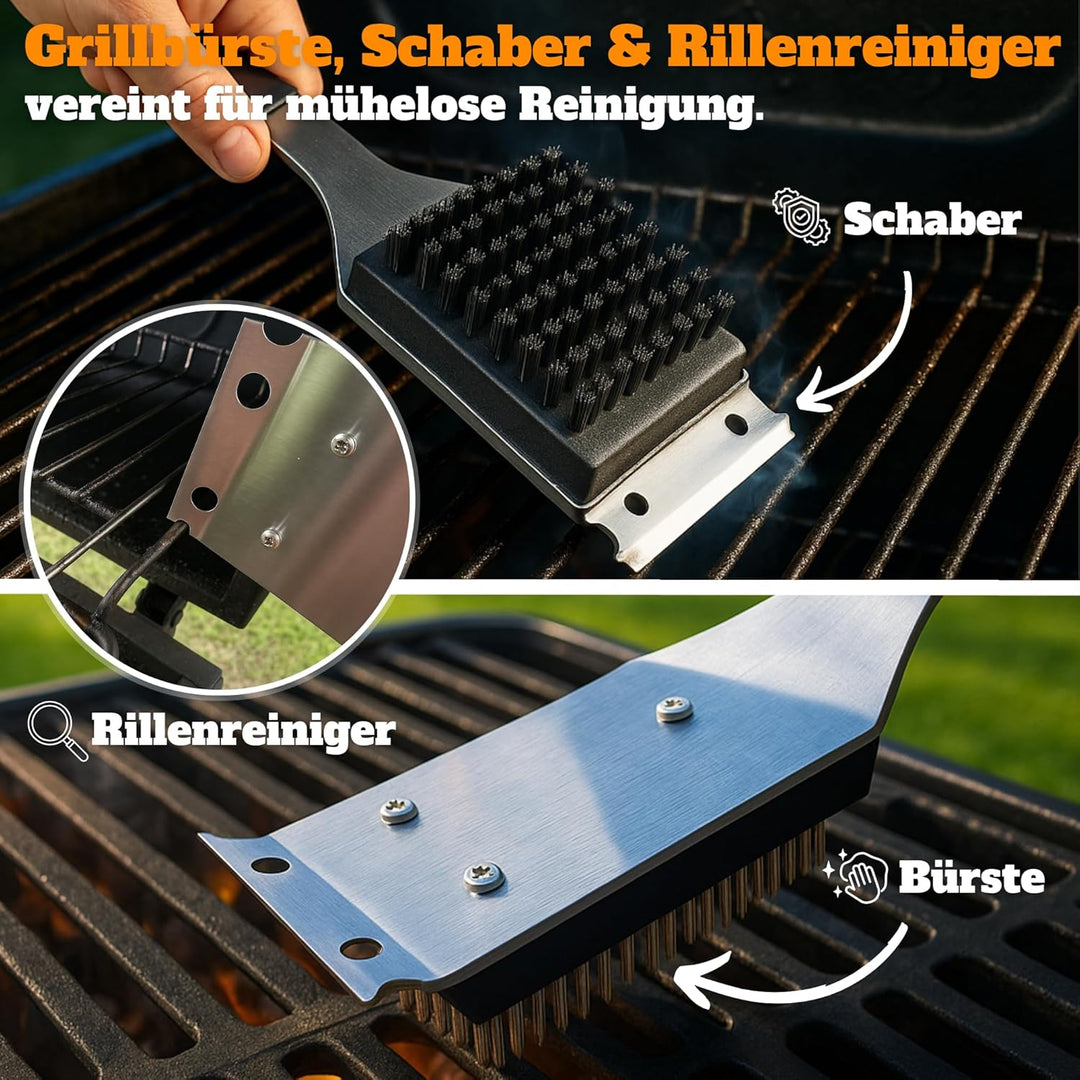 Grillset für Männer Geschenk in Holzkiste – Grillbesteck Set aus Edelstahl - 3-in-1 Spachtel & Reini