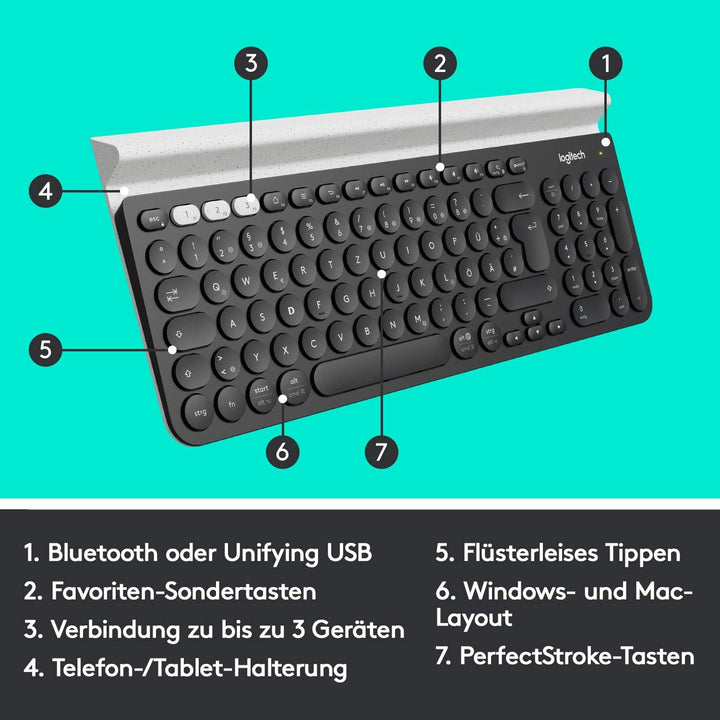 LOGITECH K780 Multi-Device Wireless Keyboard - Nordisches Layout Grau/Weiss K780 Multi-Device, Grau/