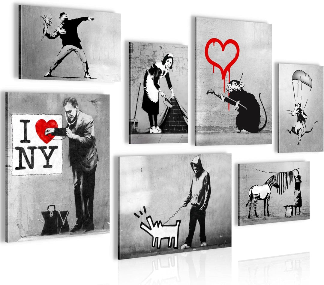 Novart Wandbilder Banksy Collage - KOMPLETT AUFHÄNGFERTIG - Street Art Wohnzimmer Büro- 7 Moderne Mo
