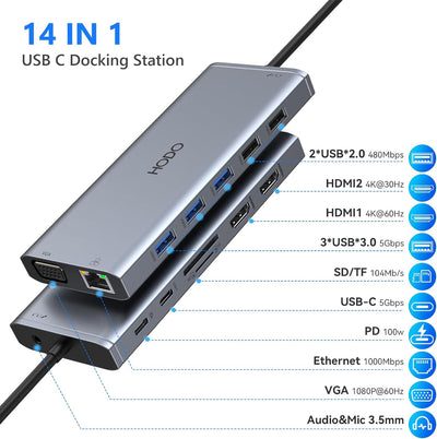 USB C Docking Station Dual Monitor, 14 in 1 Laptop Dockingstation Triple Display, USB C Hub Adapter