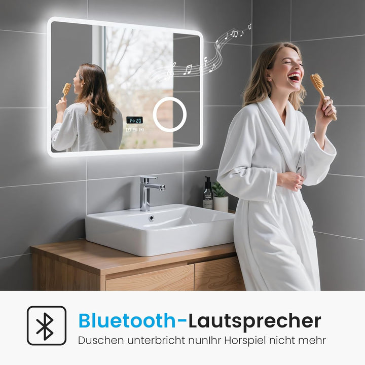 Heilmetz Led Badspiegel 80 x 60 cm Kaltweiss Badezimmerspiegel mit Touch + Bluetooth + Uhr + Beschla