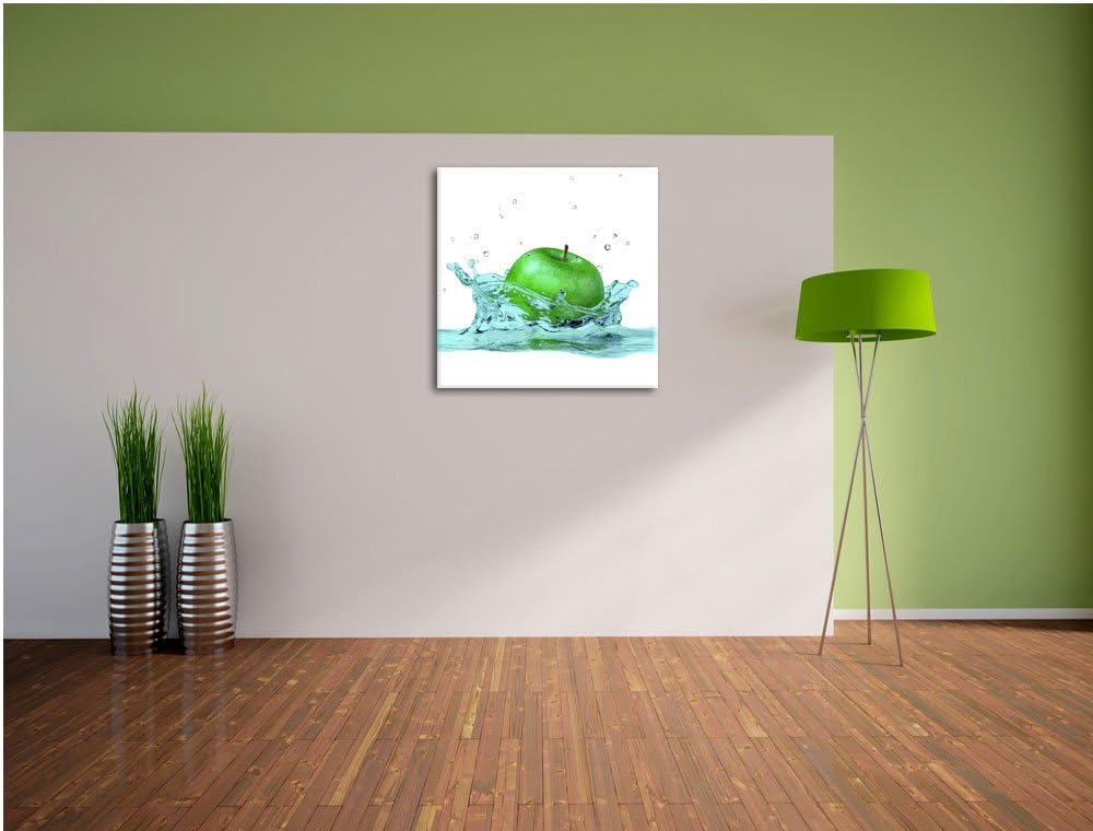 Pixxprint Green Apple Grüner Apfel fällt in Wasser schwarz/weiss, Format: 70x70 auf Leinwand, 70x70