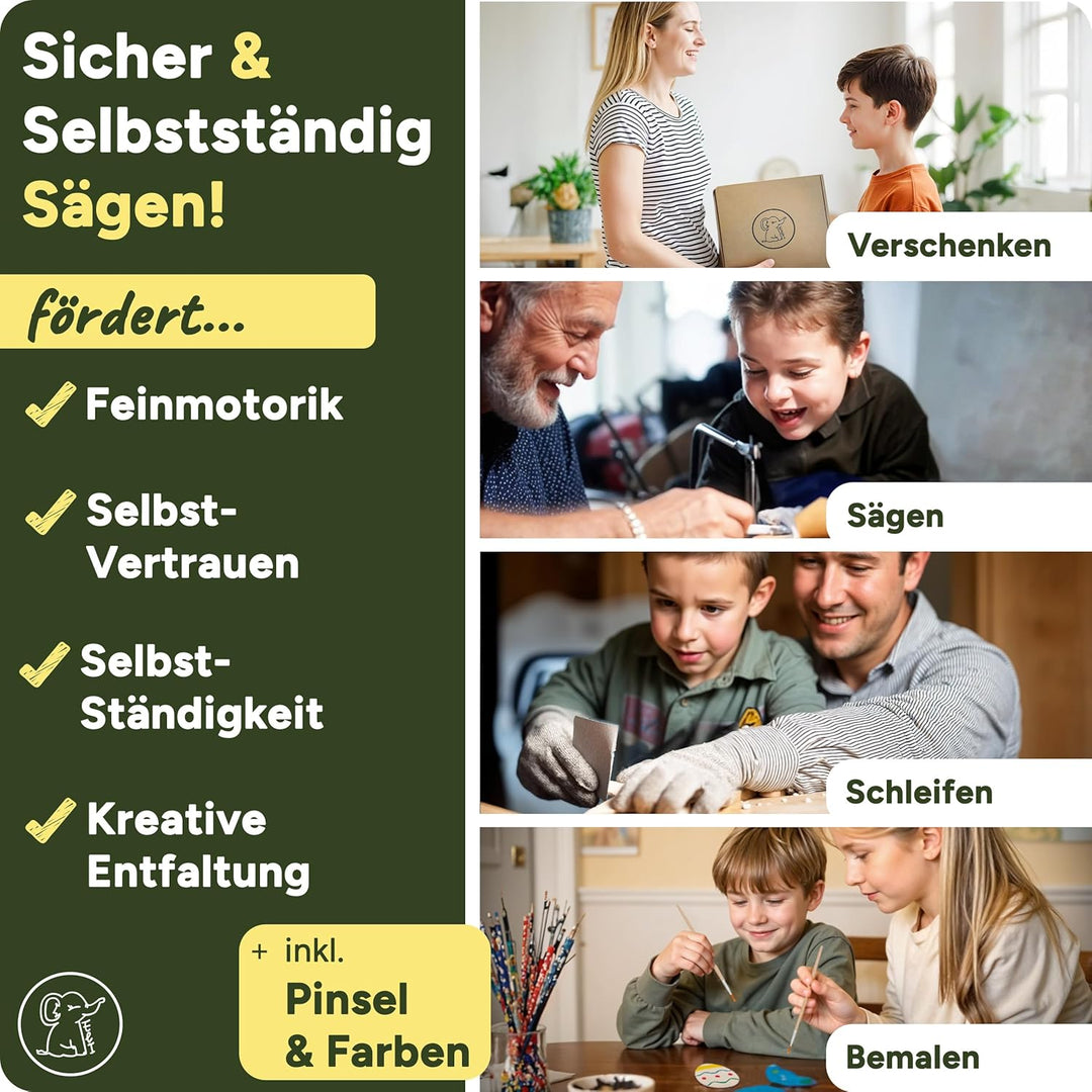 Eli® Laubsäge für Kinder inkl. 14 Sperrholzplatten - Komplett Set für Laubsägen inkl kreative Vorlag