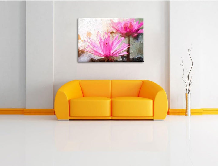 Pixxprint Lilafarbene Wasserlilie Kunst Pinsel Effekt, Format: 100x70 auf Leinwand, 100x70
