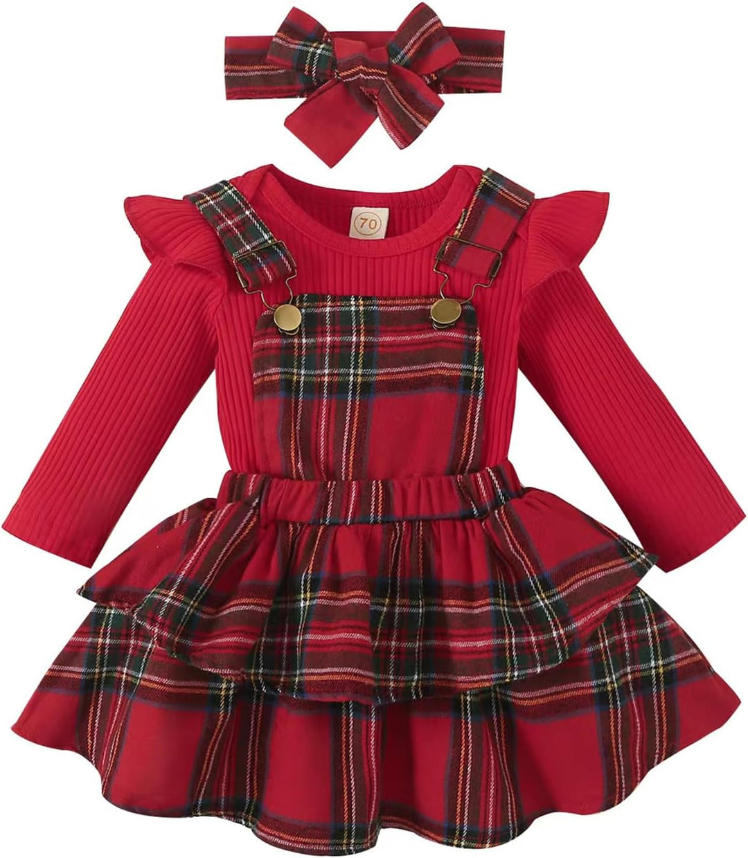 Neugeborenes Baby Mädchen Röcke Sets Rüschen Top + Plaid/Dots/Bowknot Overalls Hosenträger Kleid + S