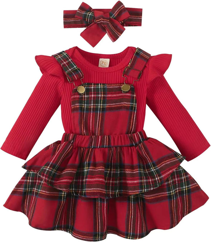 Neugeborenes Baby Mädchen Röcke Sets Rüschen Top + Plaid/Dots/Bowknot Overalls Hosenträger Kleid + S