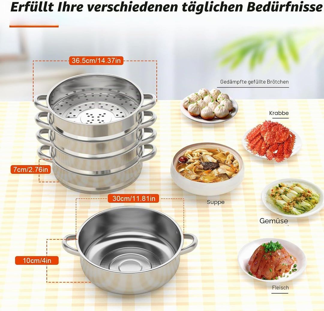 5 Etagen Mantowarka Dampfkocher mit Glasdeckel, Dampfgarer Topf für Induktionsherd, für Gemüse &amp; Dum